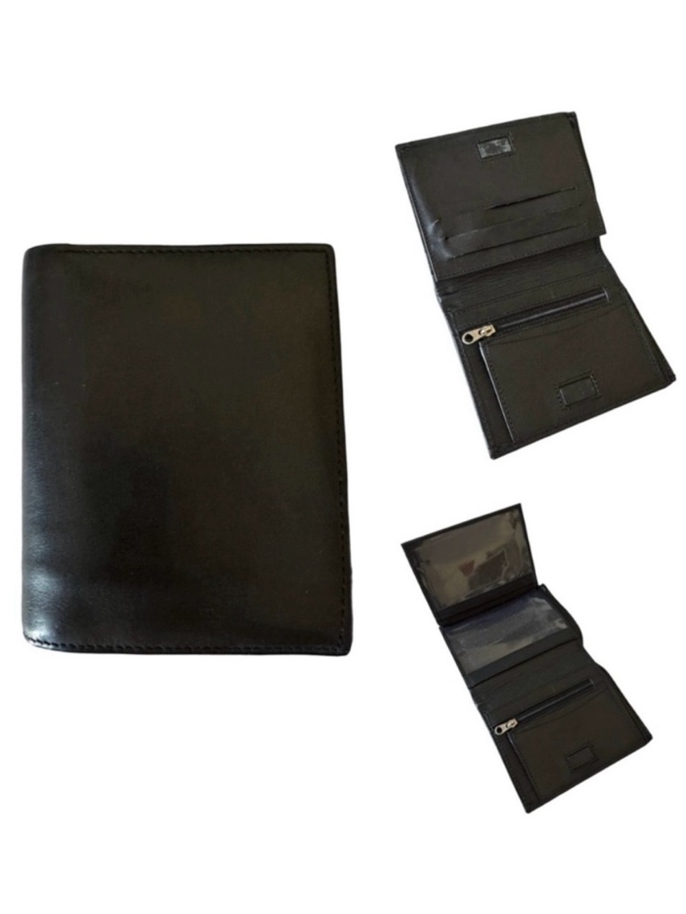 Genuine Leather Black Wallet Zip Snap Closure Card Holder Cash Compartments GUC